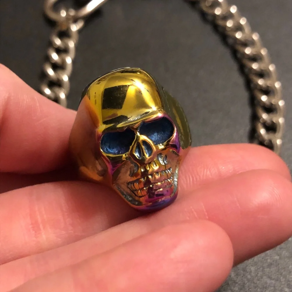 Colorful Skull Ring and Thick Silver Tone Chain Necklace - Punk Vintage 90s